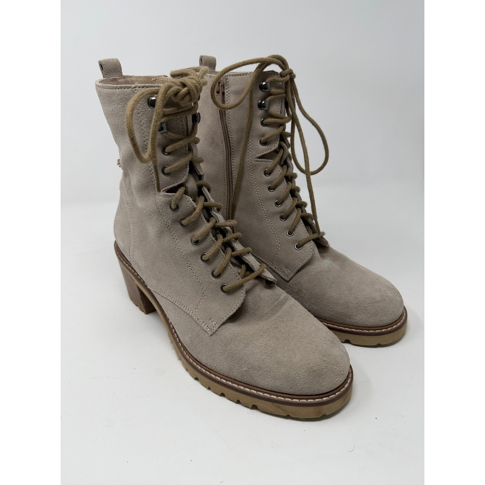 Seychelles Suede Combat Boots Women 9 Taupe Excellent Lace Up Side Zip Lug Sole